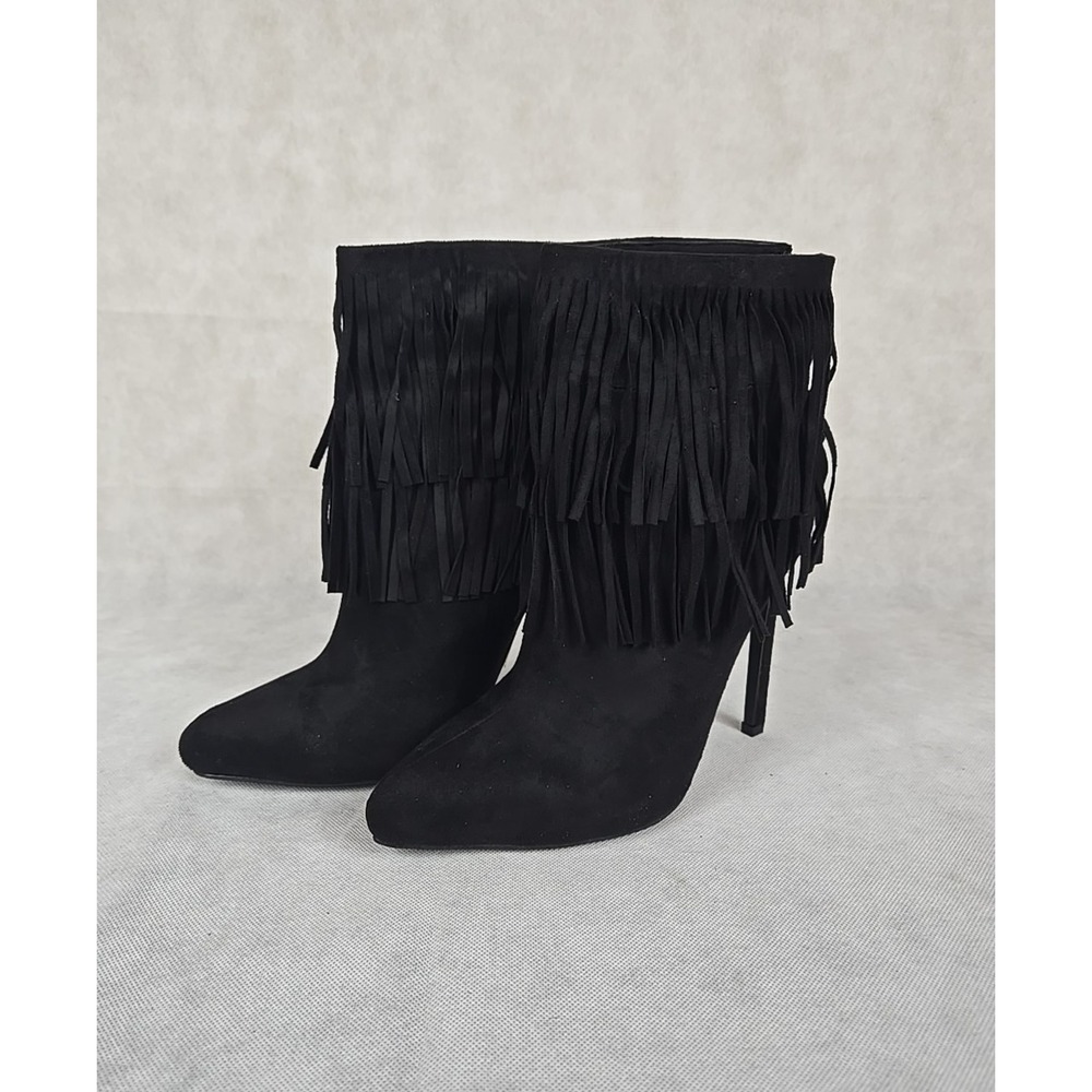 HerStyle Womens Size 9 Black Suede Fringe‎ Stiletto Heel Boots Zip Closure NEW